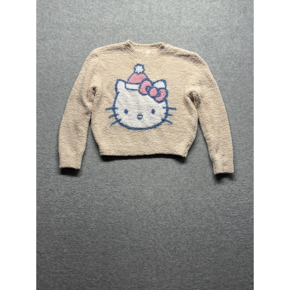 Hello Kitty Sanrio Fuzzy Sweater Tan Pink Santa Hat Graphic Pullover 6/7 S